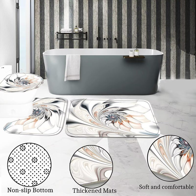 DDQQ 4Pcs Abstract Line Pattern Shower Curtain Sets, Bathroom Sets with Shower Curtain, Toilet Lid Rug, Bath Mat and Contour Mat, Shower Curtain with 12 Hooks for Bathroom Set Decor 72 x 72 Inch - Image 5